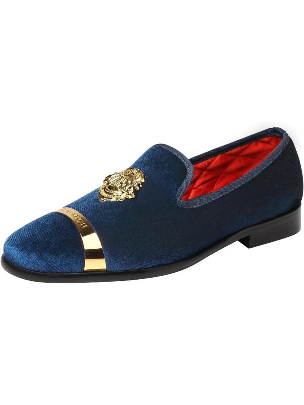 ELANROMAN Men's Navy Velvet Loafers Dress Gold Buckle Wedding Party Prom Shoes